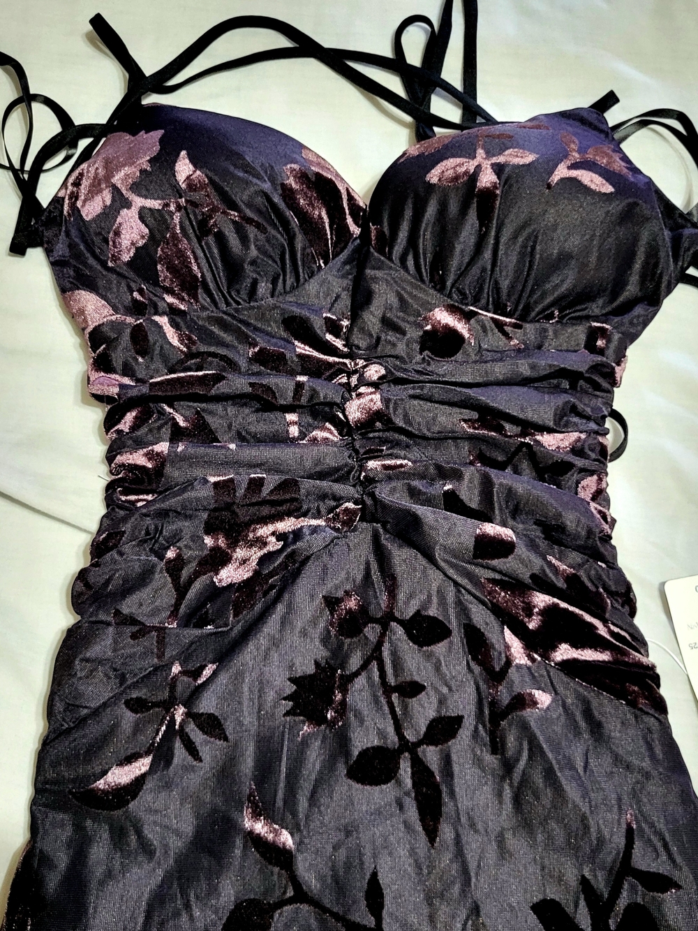 Black, Floral Satin Evening Gown - Picture 6 of 9